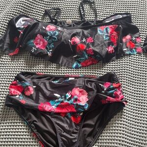 Black Floral Off-Shoulder Bikini Set - Pink & Teal Roses